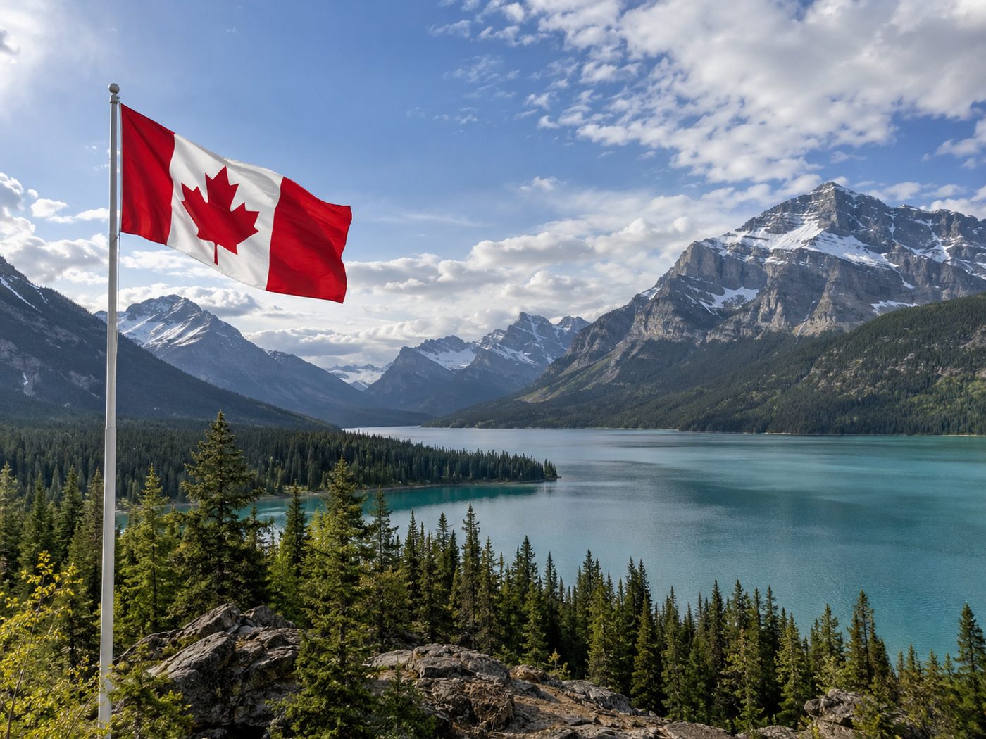 A Canadian flag flying above a mountain lake surrounded by evergreen forest