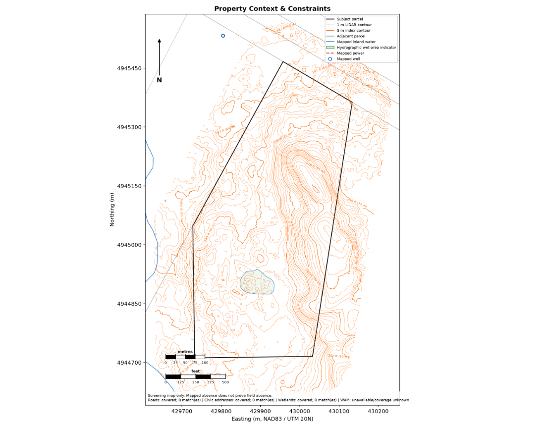 Constraints map overlaying mapped water, wet areas and adjacent parcels on the property boundary