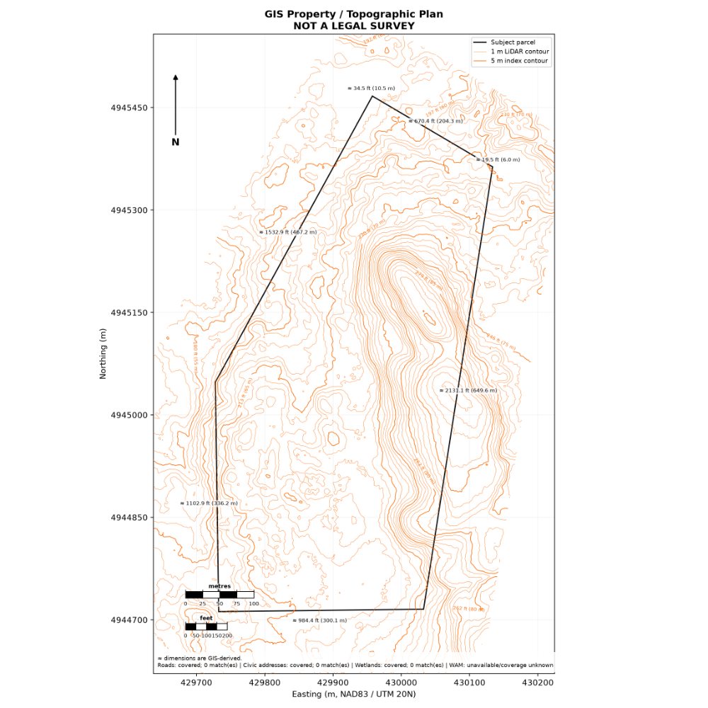 Property plan showing the parcel boundary with approximate dimensions and one metre contour lines