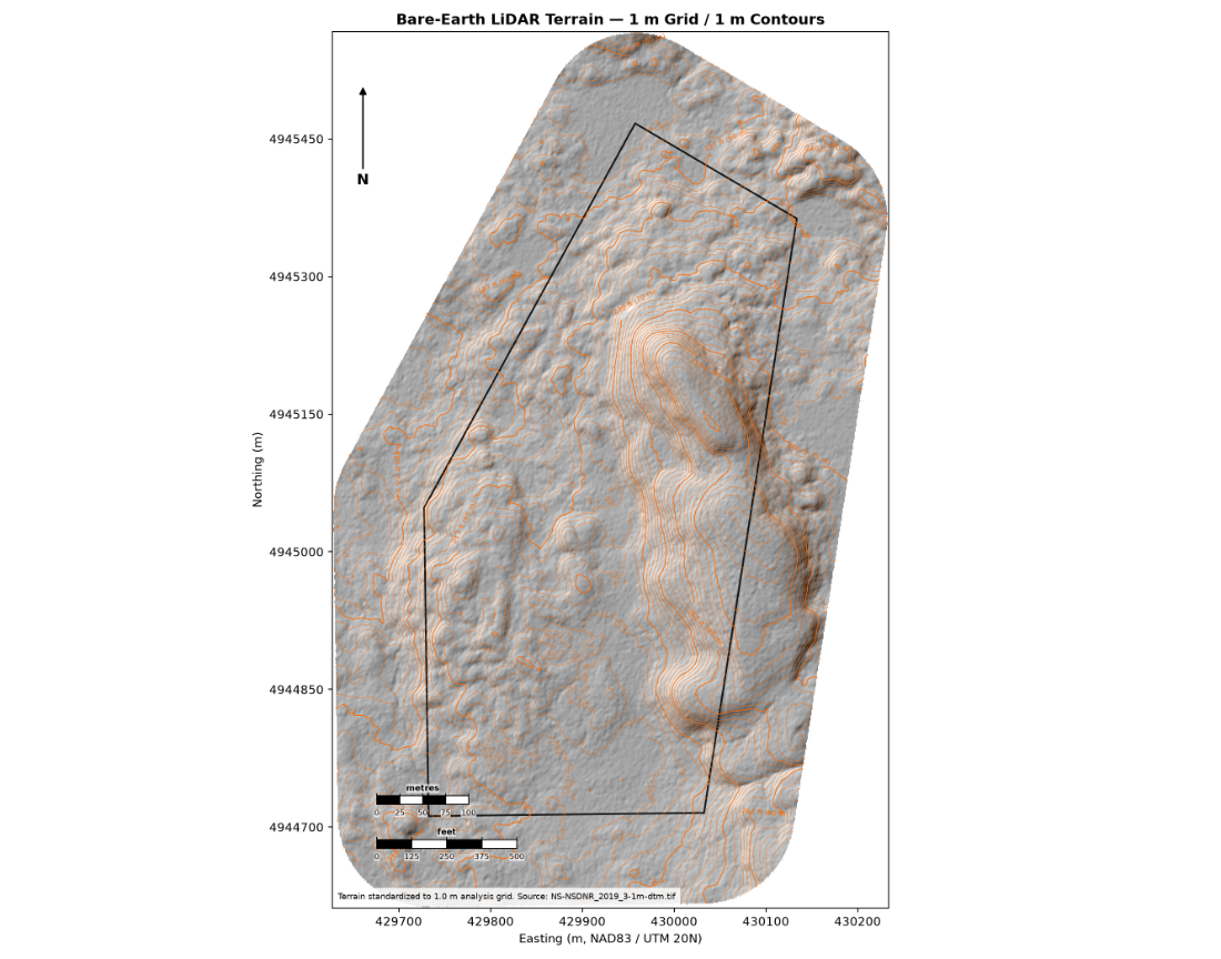 Bare-earth LiDAR terrain map showing slope and elevation across the property